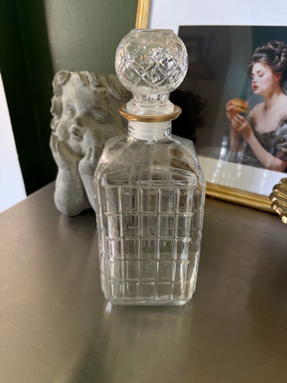 Clear Cut-Glass Decanter with Faceted Stopper